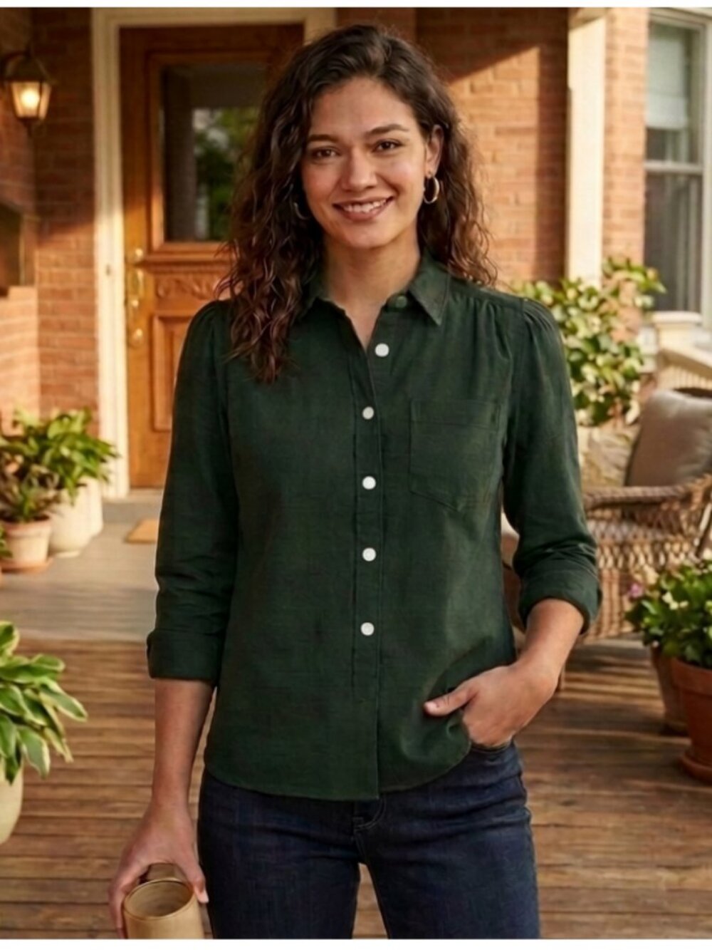 Dockers Army Green Collared Button Down Shirt – 100% Cotton Size L Women's